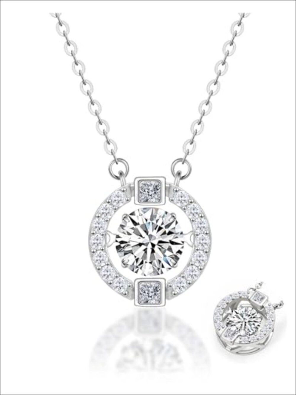 Moissanite Halo Round Pendant Necklace, 14K White Gold Plated Copper